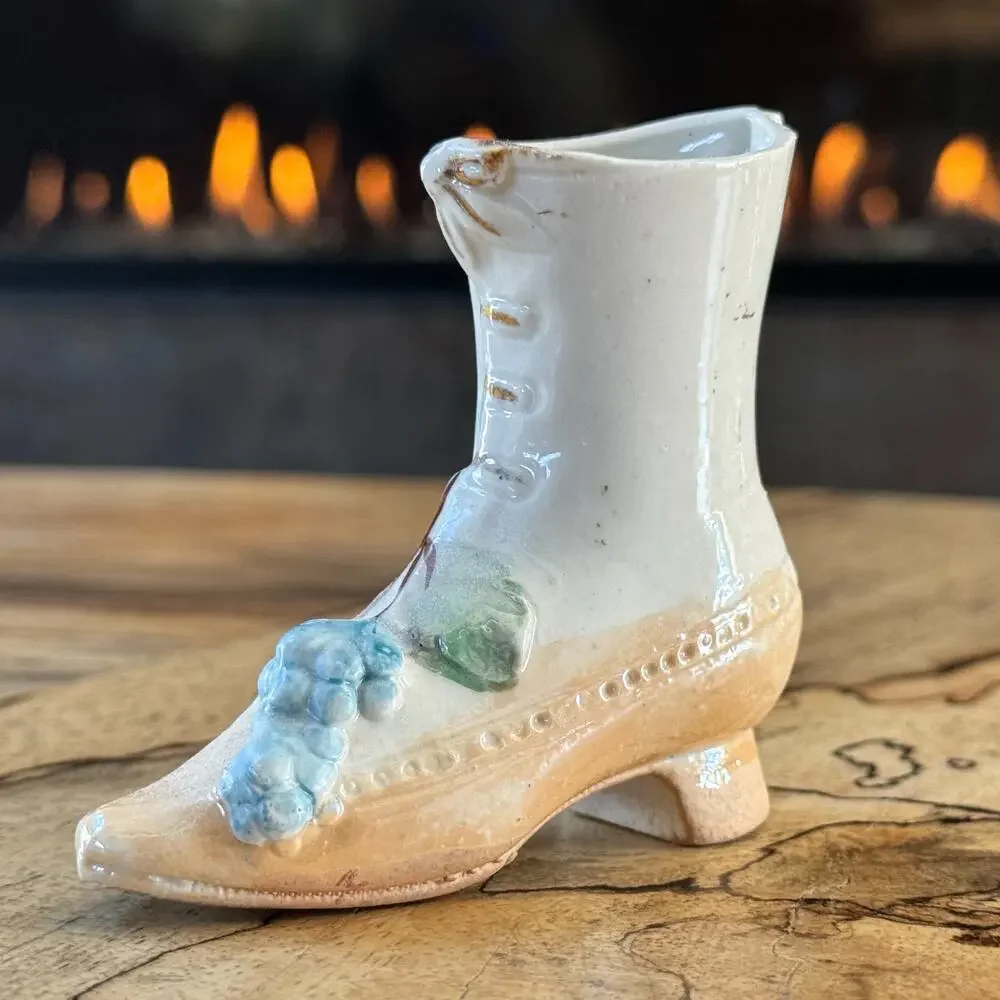 Antique Victorian German Lustreware Porcelain Lace Up Boot w/ Grape Bunches, 3